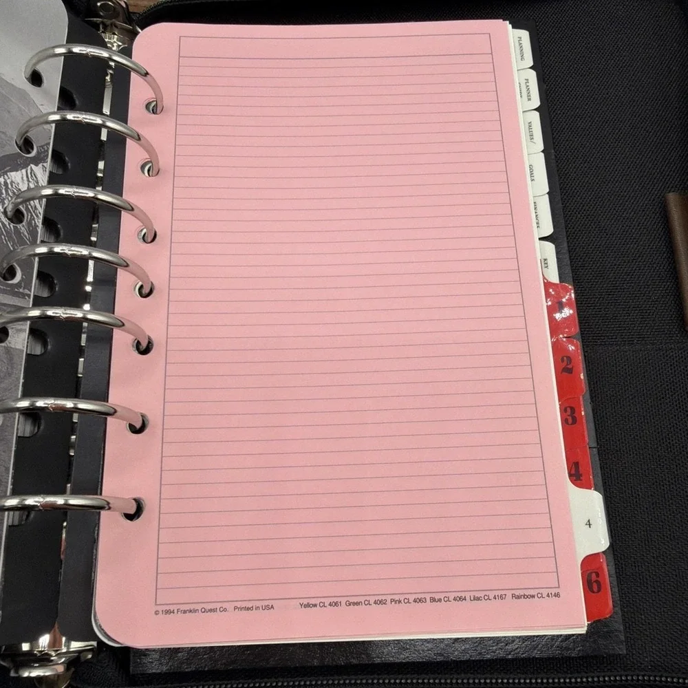 Vtg. Franklin Quest ~Blk. Canvas/Brown Leather Trim ~Green Line Planner Zip